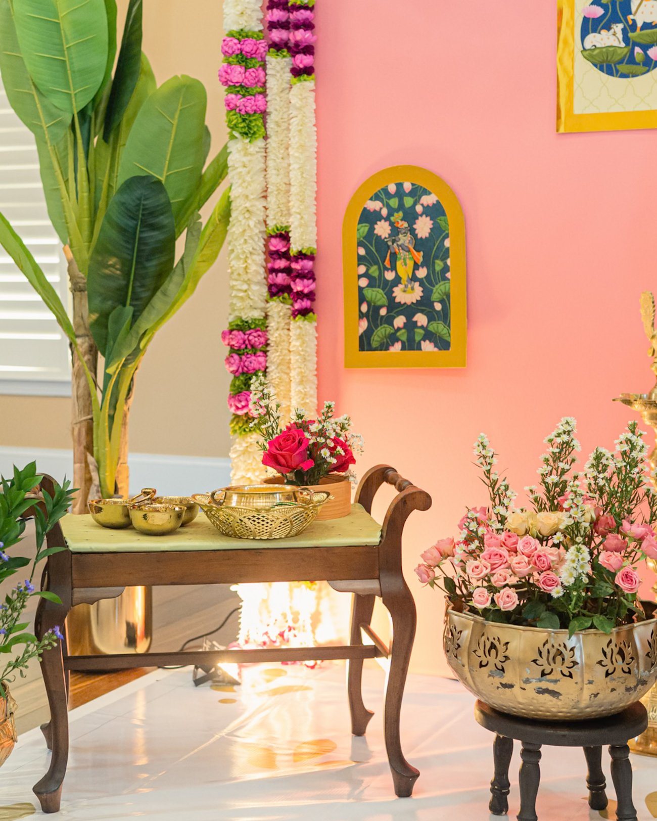 Ceremony bench styled with brass bowls