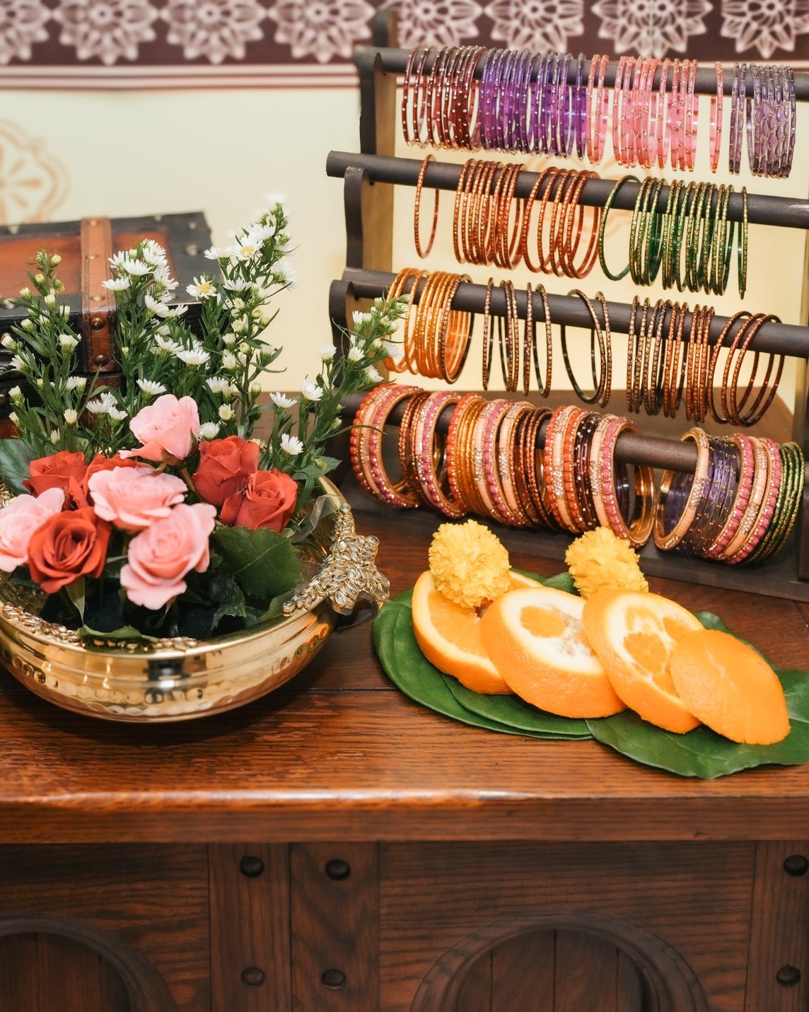 Bangle display arranged with roses