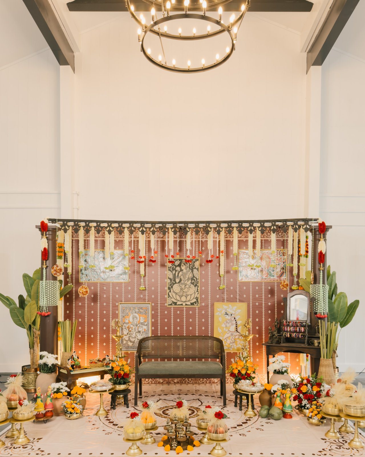 Ceremony stage with a dark layered backdrop